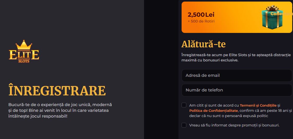 Înregistrează-te și primești 2.500 Lei plus 500 de Rotiri Gratuite la Elite Slots